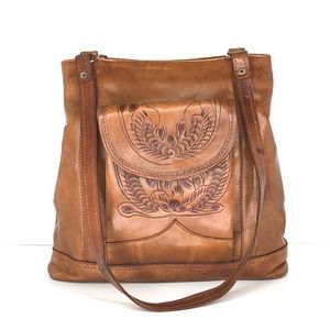 Force Ten Tooled Brown Leather Medium Tote